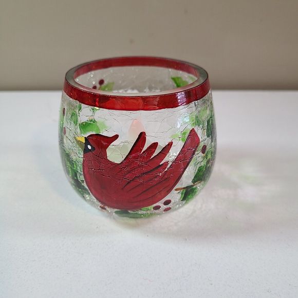Cardinal With Holly Crackle Glass Votive Tea Light Candle Holder hanpain… - Picture 2 of 12